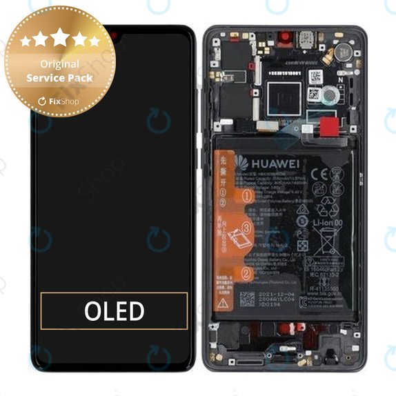 Schermo per Huawei P30, Vetro touch con cornice, batteria, Black, 02354HLT, Genuine Service Pack