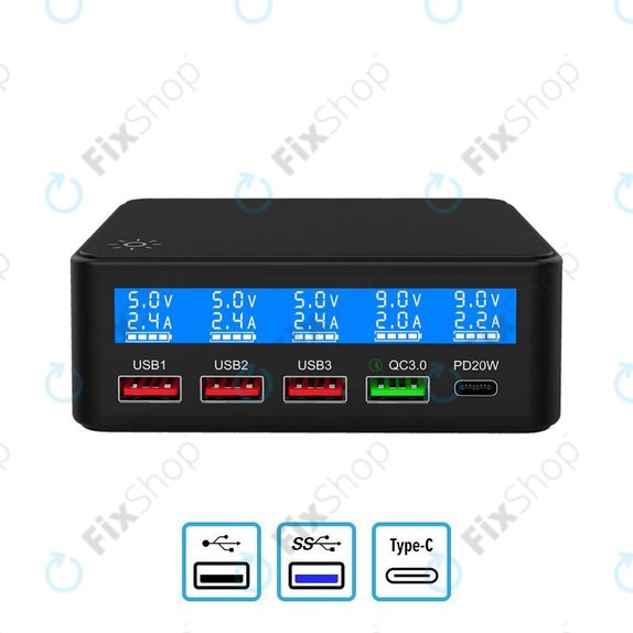 Stazione di ricarica USB con USB 3.0 e USB-C, FixPremium