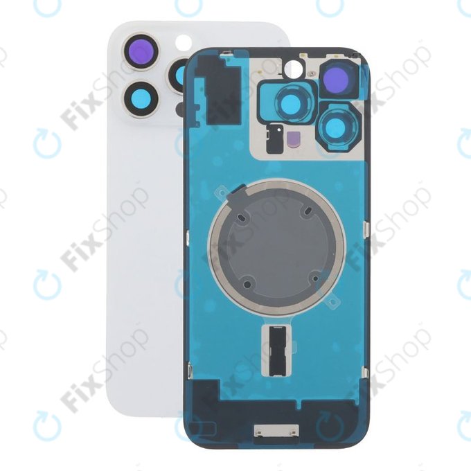Vetro scocca posteriore per iPhone 16 Pro Max, White Titanium, con lente fotocamera, piastra metallica e magnete MagSafe