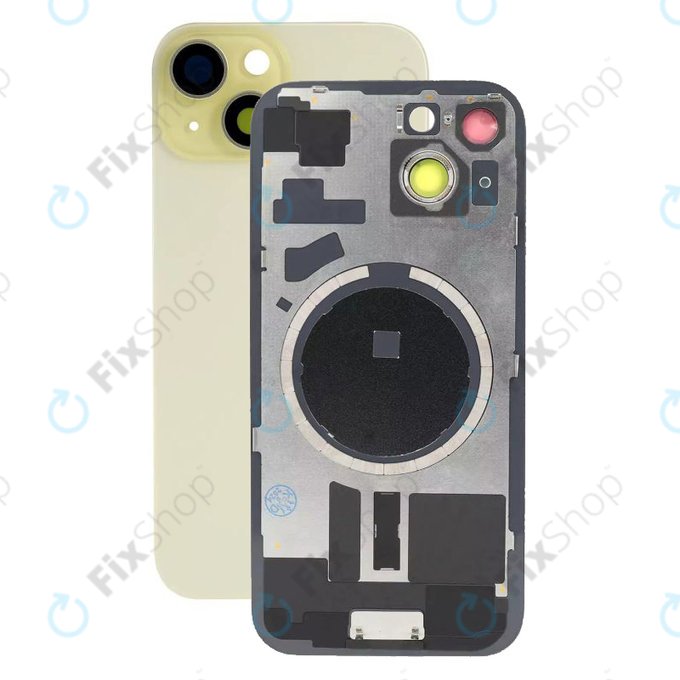 Vetro scocca posteriore con lente fotocamera, piastra metallica e magneti MagSafe per iPhone 15, Yellow