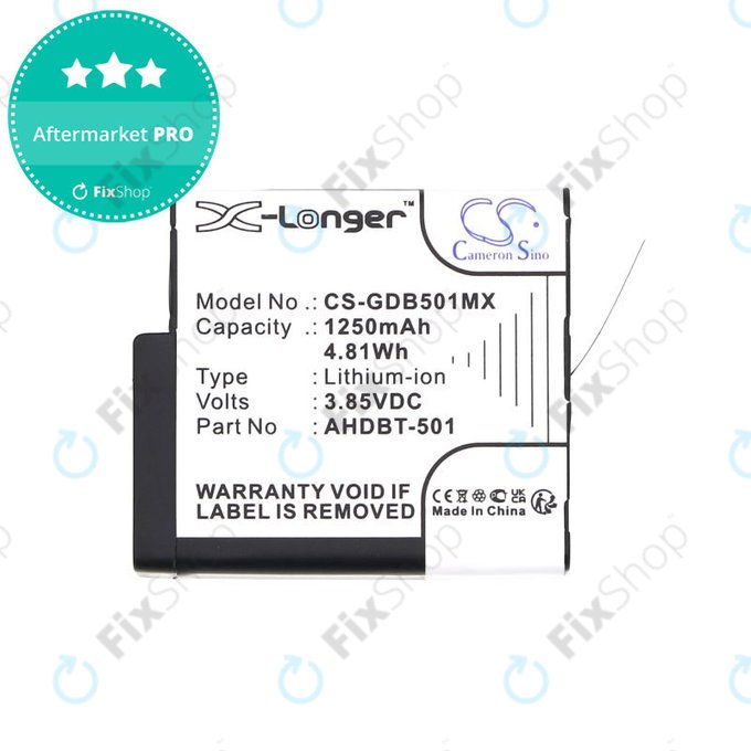 Batteria per Gopro Hero 8, Hero 6, AHDBT-501, Li-Ion, 1250mAh, 3.85V, HQ