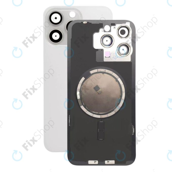 Vetro scocca posteriore con lente fotocamera, piastra metallica e magneti MagSafe per iPhone 15 Pro Max, White Titanium