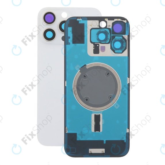 Vetro scocca posteriore per iPhone 16 Pro Max, White Titanium, con lente fotocamera, piastra metallica e magnete MagSafe