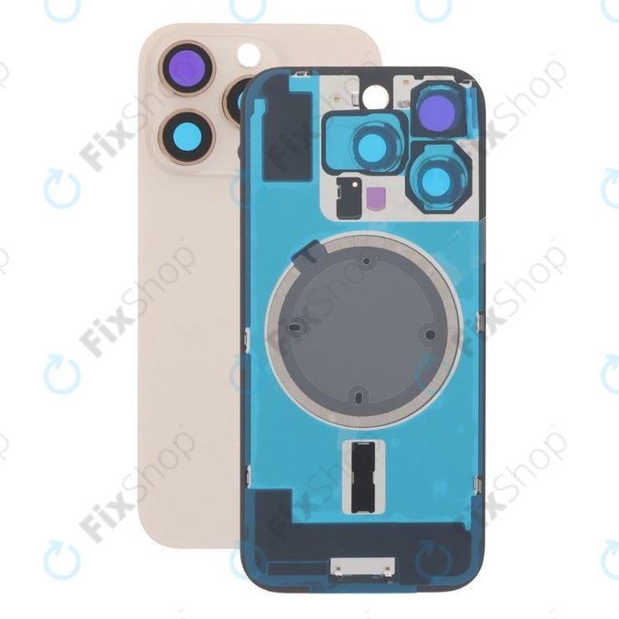 Vetro scocca posteriore per iPhone 16 Pro, Desert Titanium, con lente fotocamera, piastra metallica e magnete MagSafe