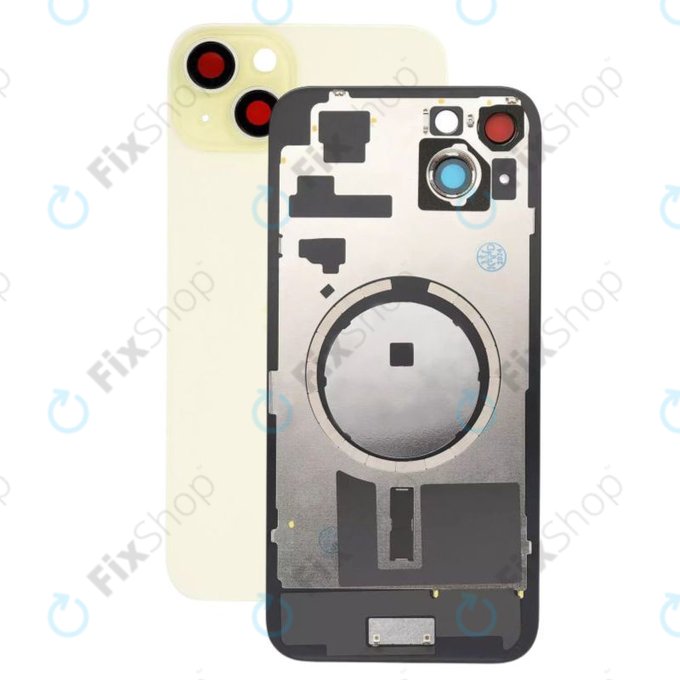 Vetro scocca posteriore con lente fotocamera, piastra metallica e magneti MagSafe per iPhone 15 Plus, Yellow