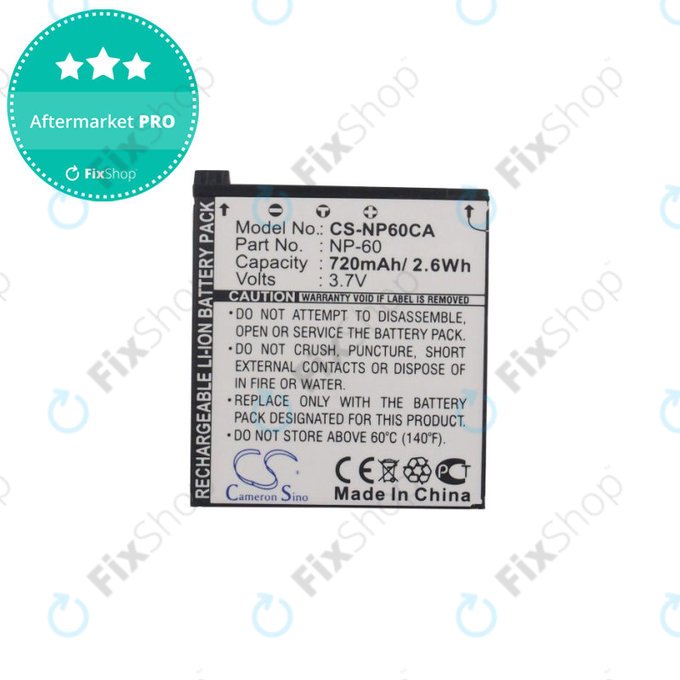 Batteria per Casio Exilim Zoom EX-Z19, EX-Z85, EX-Z9, NP-60, Li-Ion, 720mAh, 3.7V, HQ