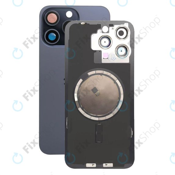 Vetro scocca posteriore con lente fotocamera, piastra metallica e magneti MagSafe per iPhone 15 Pro Max, Blue Titanium