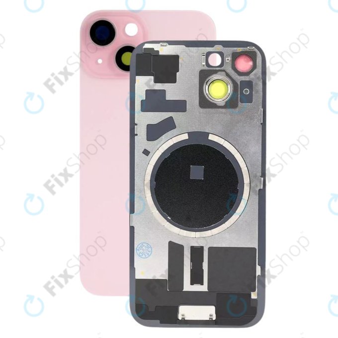 Vetro scocca posteriore con lente fotocamera, piastra metallica e magneti MagSafe per iPhone 15, Pink
