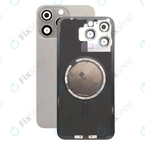 Vetro scocca posteriore con lente fotocamera, piastra metallica e magneti MagSafe per iPhone 15 Pro Max, Natural Titanium
