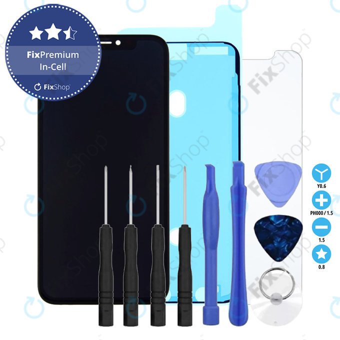 Schermo In-Cell per iPhone X, Vetro touch con cornice, Adesivo (Adhesive), Vetro temperato, Kit di attrezzi, FixPremium