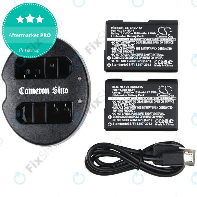 Batteria per Nikon Coolpix P7000, P7700, D3100, D3200, D5100, 1030mAh, Li-Ion, 7.4V, EN-EL14, 2pz con caricabatterie, HQ