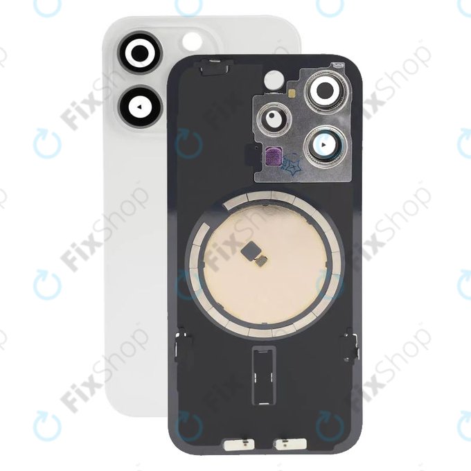 Vetro scocca posteriore con lente fotocamera, piastra metallica e magneti MagSafe per iPhone 15 Pro, White Titanium