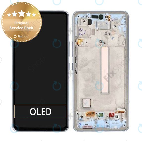 Schermo per Samsung A53 5G A536B, Awesome Blue, Vetro touch con cornice, GH82-28024C, GH82-28025C, Genuine Service Pack
