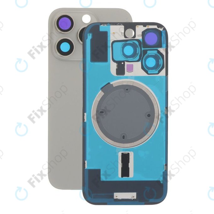 Vetro scocca posteriore per iPhone 16 Pro, Natural Titanium, con lente fotocamera, piastra metallica e magnete MagSafe