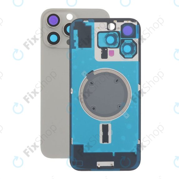 Vetro scocca posteriore per iPhone 16 Pro Max, Natural Titanium, con lente fotocamera, piastra metallica e magnete MagSafe