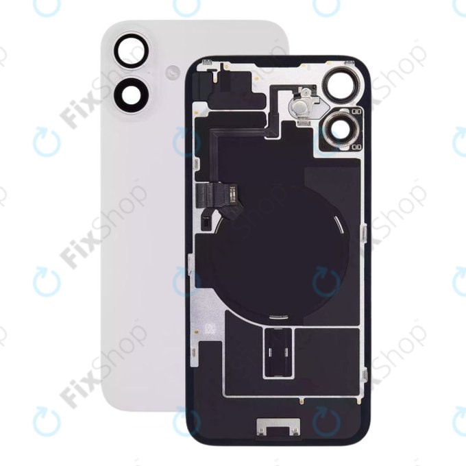 Vetro scocca posteriore per iPhone 16 Plus, White, con lente fotocamera, piastra metallica e magnete MagSafe