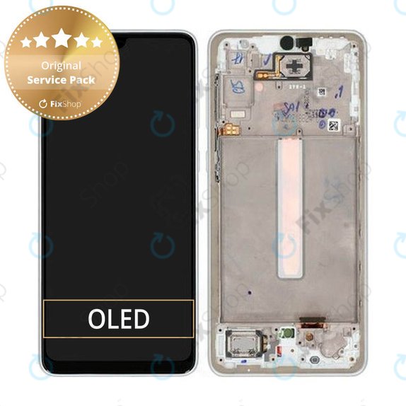 Schermo per Samsung A33 5G A336B, Awesome White, Vetro touch con cornice, GH82-28143B, GH82-28144B, Genuine Service Pack