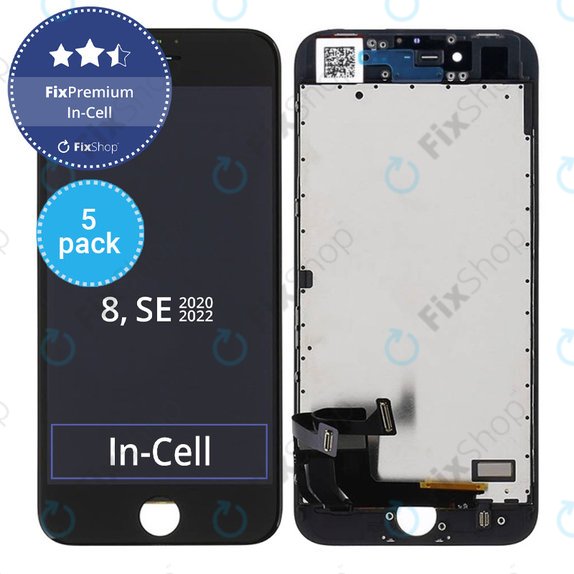 Schermo 5 Pack In-Cell per iPhone 8, SE (2020), SE (2022), Black, Vetro touch con cornice, FixPremium