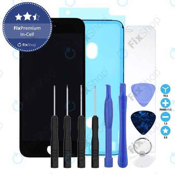 Schermo In-Cell per iPhone 8, SE (2020), SE (2022), Black, Vetro touch con cornice, Adesivo (Adhesive), Vetro temperato, Kit di attrezzi, FixPremium