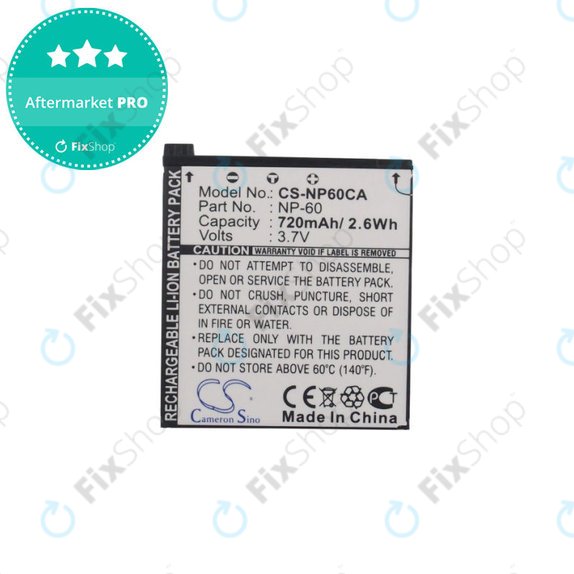 Batteria per Casio Exilim Zoom EX-Z19, EX-Z85, EX-Z9, NP-60, Li-Ion, 720mAh, 3.7V, HQ