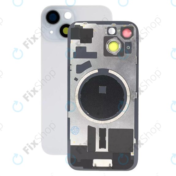 Vetro scocca posteriore con lente fotocamera, piastra metallica e magneti MagSafe per iPhone 15, Blue