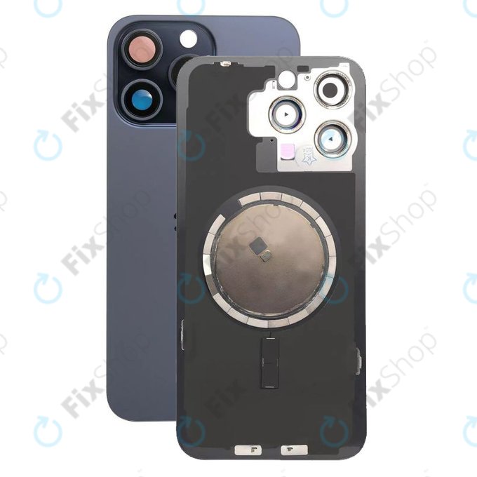 Vetro scocca posteriore con lente fotocamera, piastra metallica e magneti MagSafe per iPhone 15 Pro Max, Blue Titanium