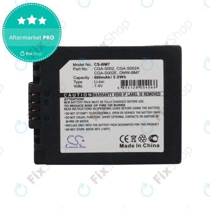 Batteria per Panasonic DMC-FZ10, CGA-S002, Li-Ion, 680mAh, 7.4V, HQ