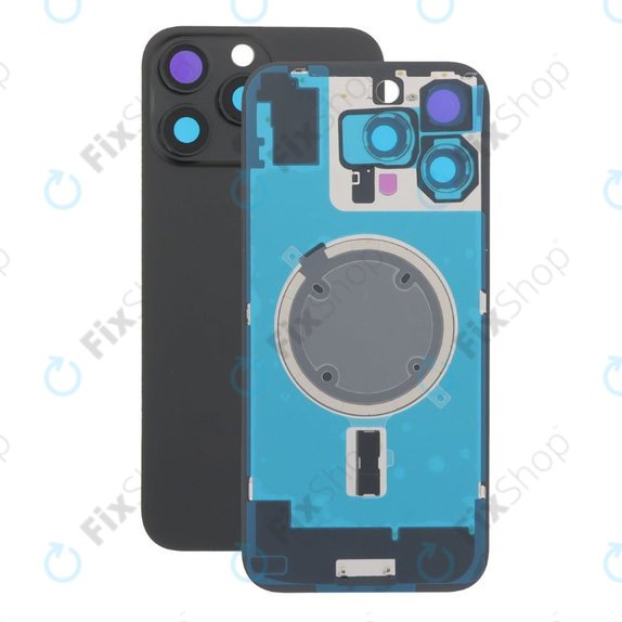 Vetro scocca posteriore per iPhone 16 Pro Max, Black Titanium, con lente fotocamera, piastra metallica e magnete MagSafe