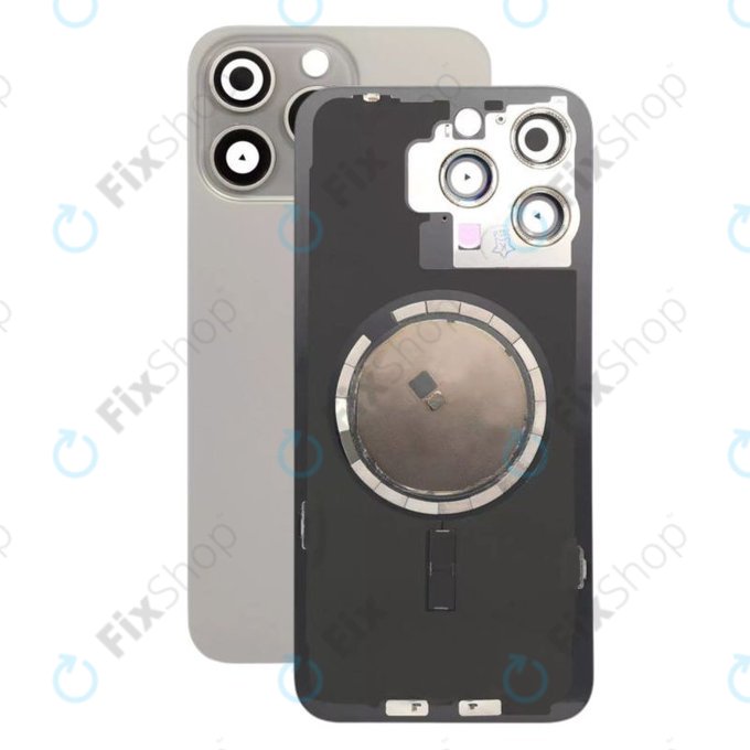 Vetro scocca posteriore con lente fotocamera, piastra metallica e magneti MagSafe per iPhone 15 Pro Max, Natural Titanium