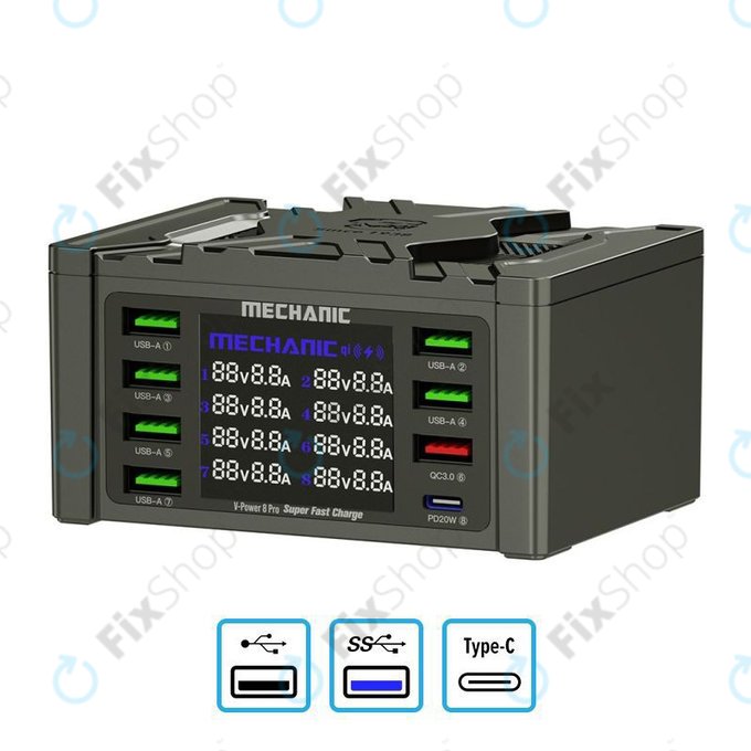 Stazione di ricarica USB con USB-C e USB 3.0, Mechanic V-Power 8 Pro