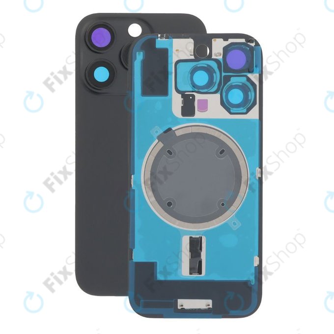 Vetro scocca posteriore per iPhone 16 Pro, Black Titanium, con lente fotocamera, piastra metallica e magnete MagSafe