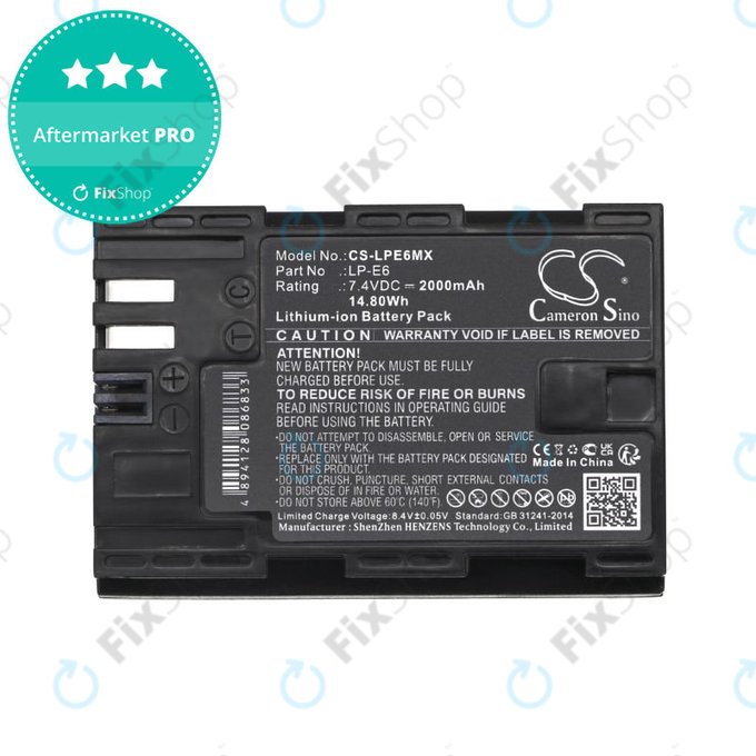 Batteria per Canon EOS 5D Mark II, EOS 7D, EOS 70D, LP-E6, Li-Ion, 2000mAh, 7.4V, HQ