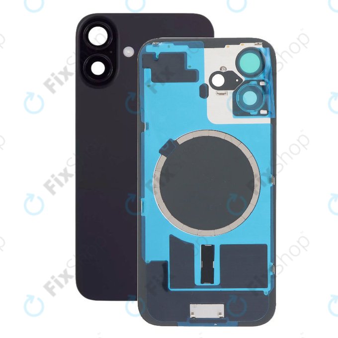 Vetro scocca posteriore per iPhone 16, Black, con lente fotocamera, piastra metallica, magnete MagSafe