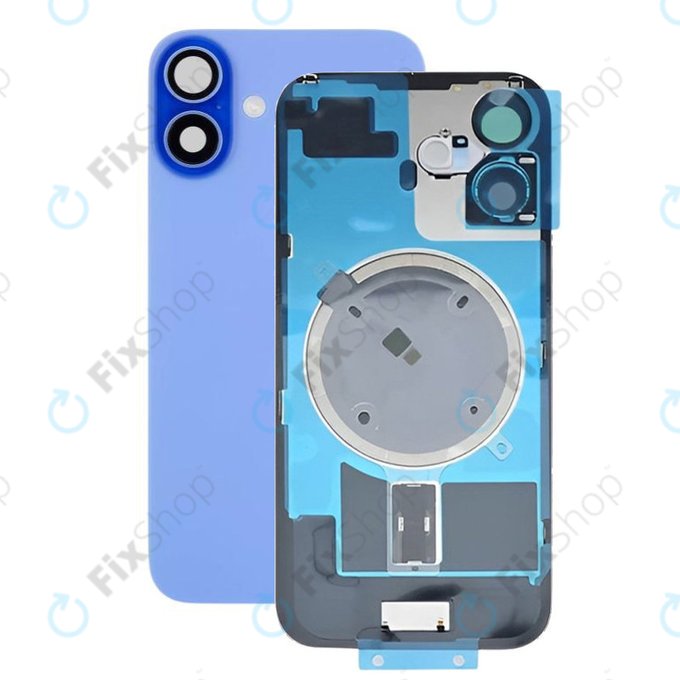 Vetro scocca posteriore per iPhone 16, Ultramarine, con lente fotocamera, piastra metallica e magnete MagSafe