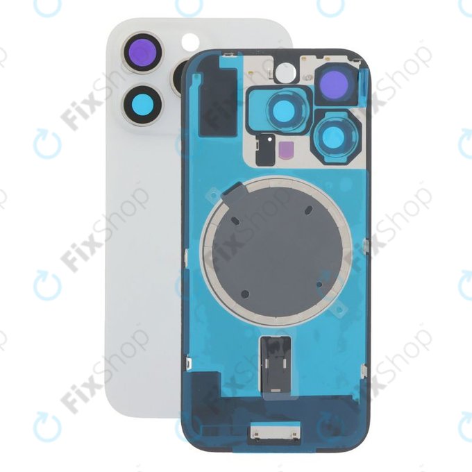 Vetro scocca posteriore per iPhone 16 Pro, White Titanium, con lente fotocamera, piastra metallica e magnete MagSafe