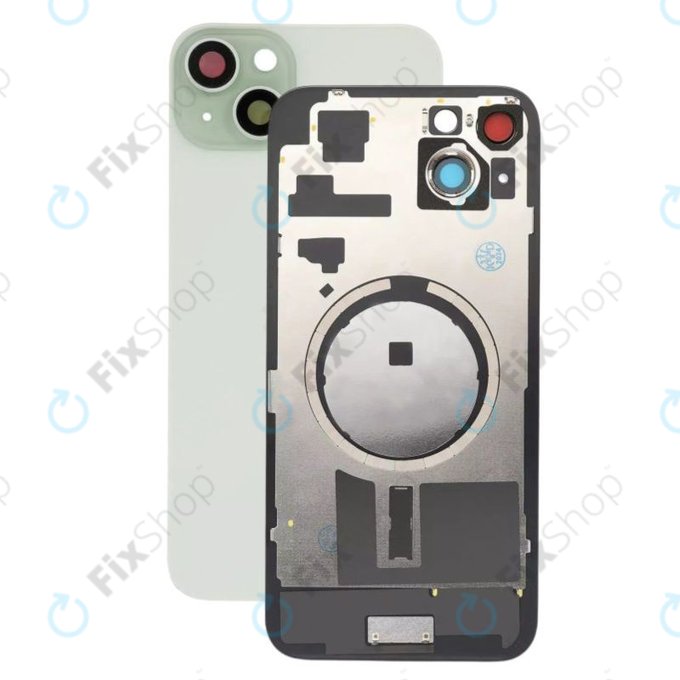 Vetro scocca posteriore con lente fotocamera, piastra metallica e magneti MagSafe per iPhone 15 Plus, Green