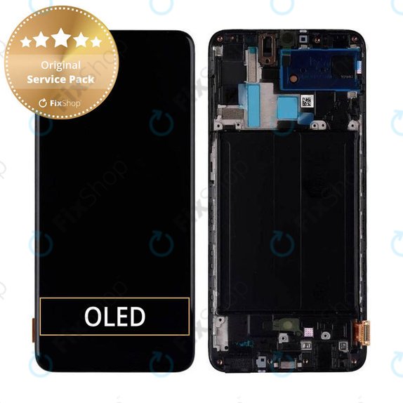 Schermo per Samsung A70 A705F, Black, Vetro touch con cornice, GH82-19747A, GH82-19787A, Genuine Service Pack